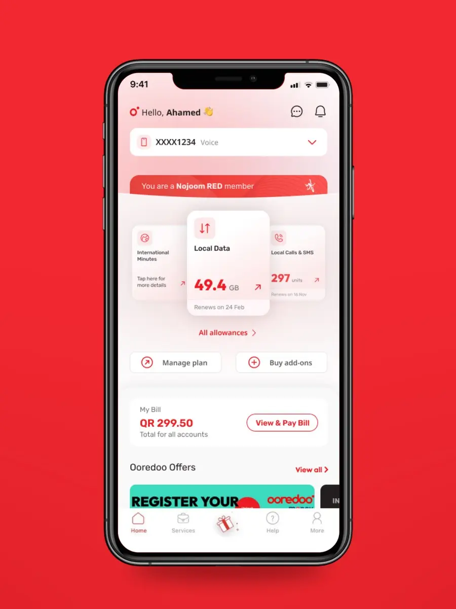 Ooredoo app on a smartphone